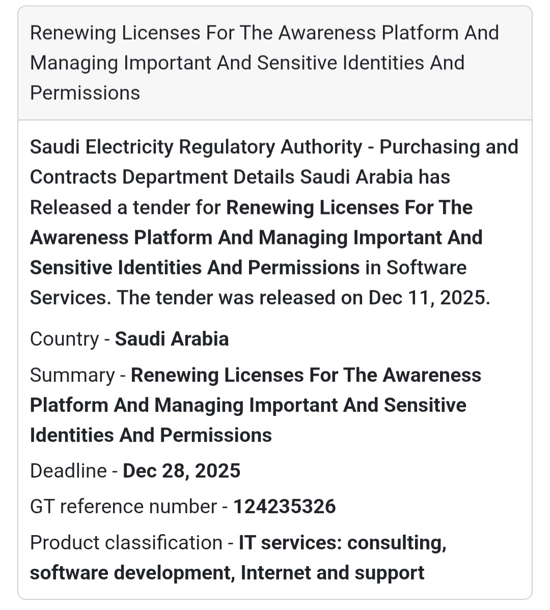 🔐 Software License Renewal Tender – Saudi Arabia 🇸🇦