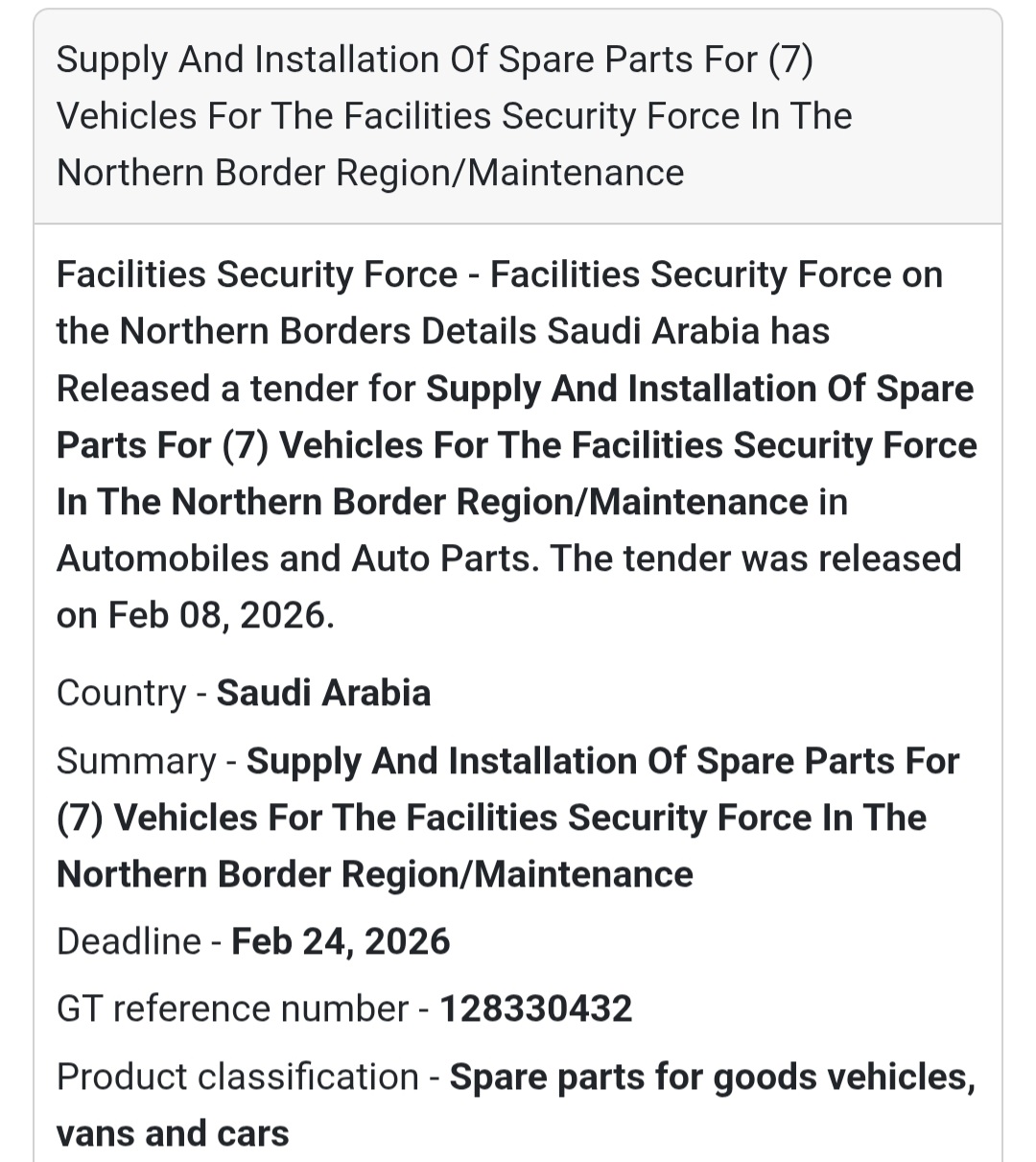 🚗 Spare Parts for 7 Vehicles – Facilities Security Force