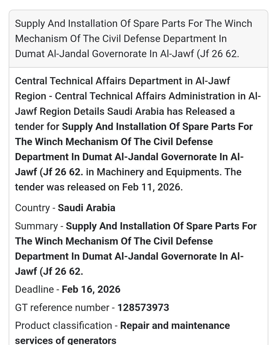 ⚙️ Spare Parts for Winch Mechanism – Civil Defense (Dumat Al-Jandal, Al-Jawf)