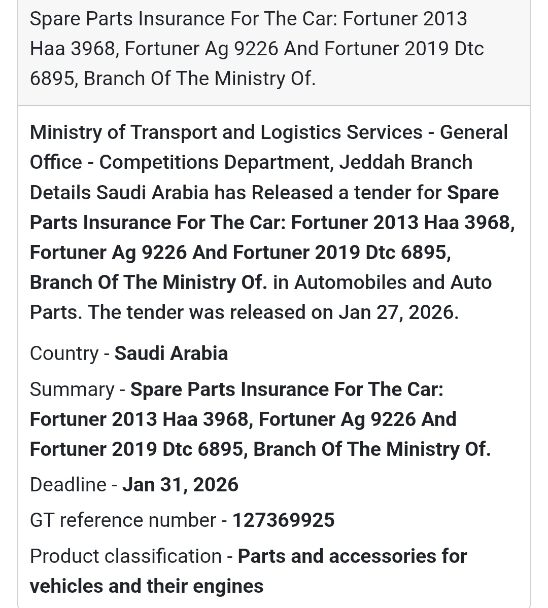 🚗 Spare Parts Insurance – Toyota Fortuner Fleet