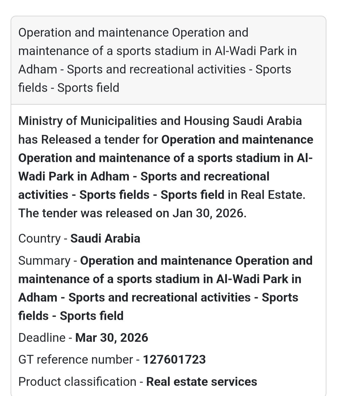 ⚽ Sports Stadium O&M – Al-Wadi Park, Adham