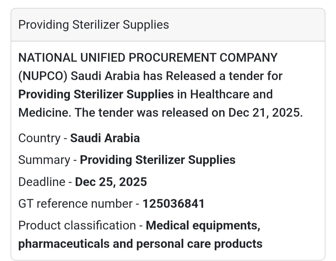 🧴 Sterilization Supplies Tender – Saudi Arabia 🇸🇦