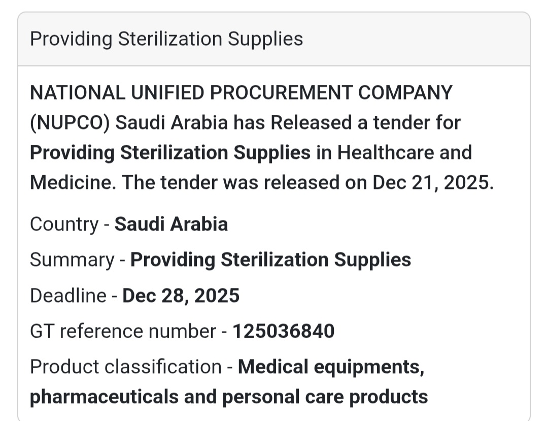 🧴 Sterilization Supplies Tender – Saudi Arabia 🇸🇦