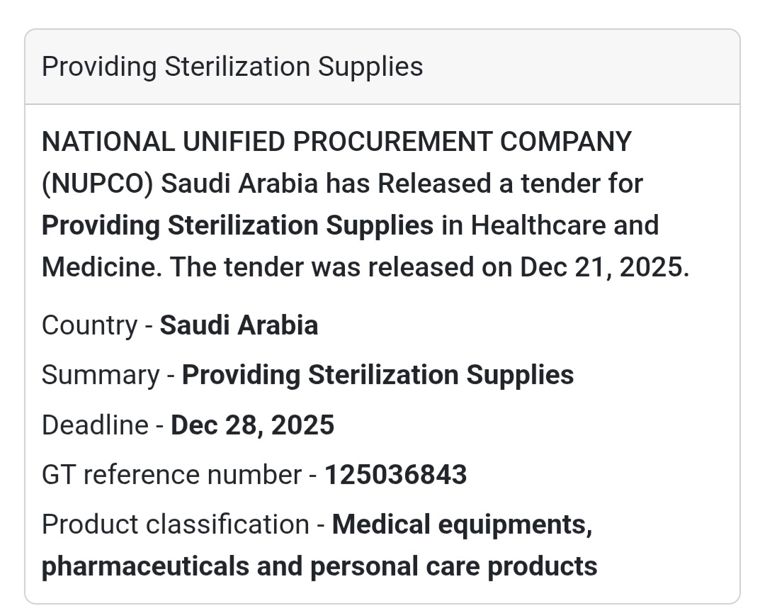 🧴 Sterilization Supplies Tender – Saudi Arabia 🇸🇦