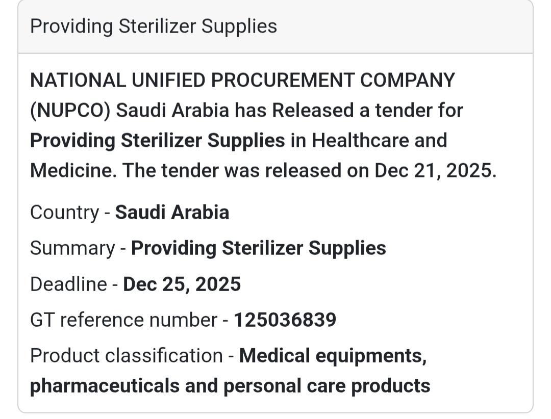 🧴 Sterilizer Supplies Tender – Saudi Arabia
