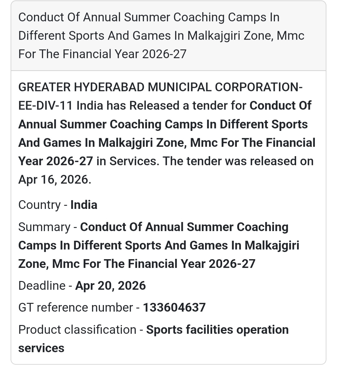 🏅 Summer Coaching Camps Tender | Malkajgiri 🇮🇳
