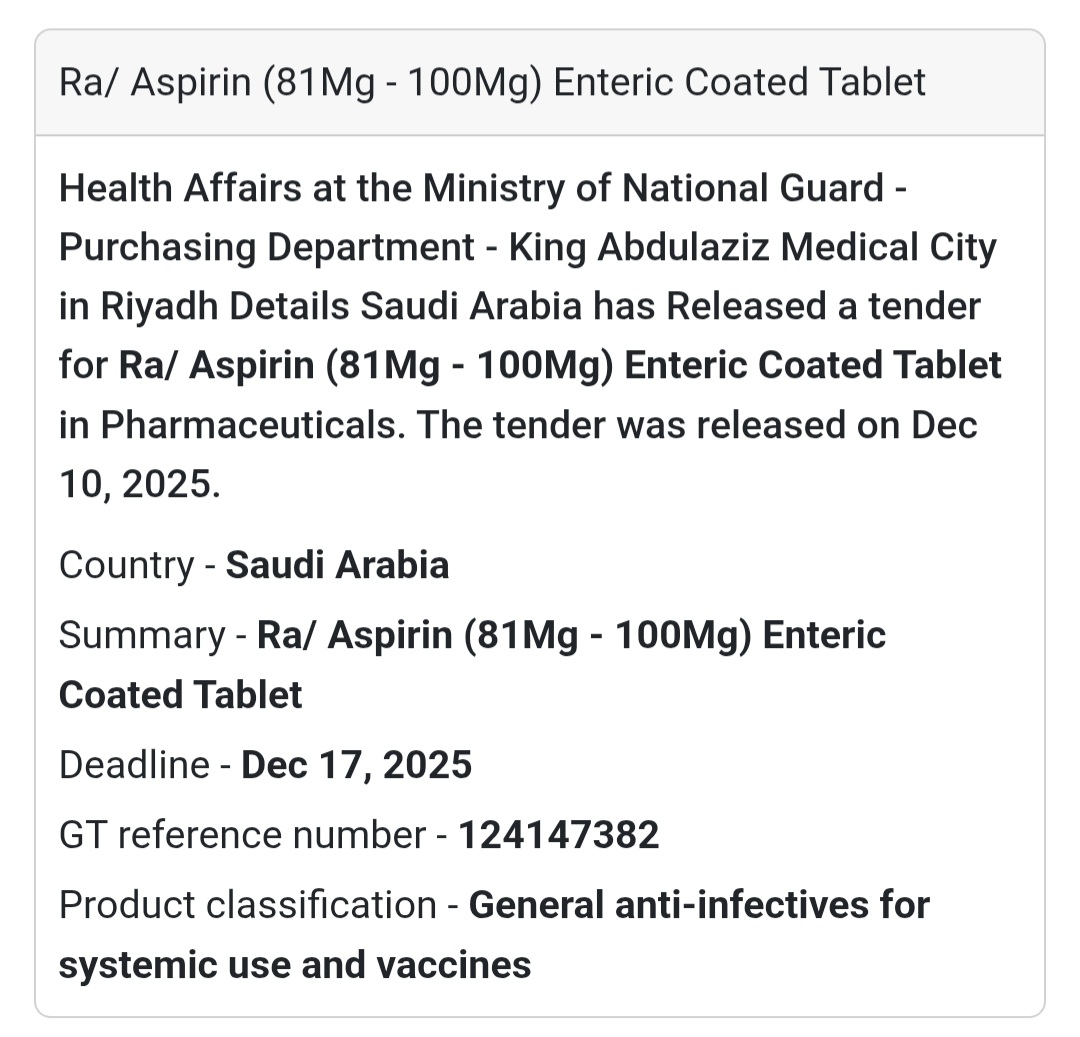💊 Supply of Aspirin (81–100 mg) Enteric Coated Tablets