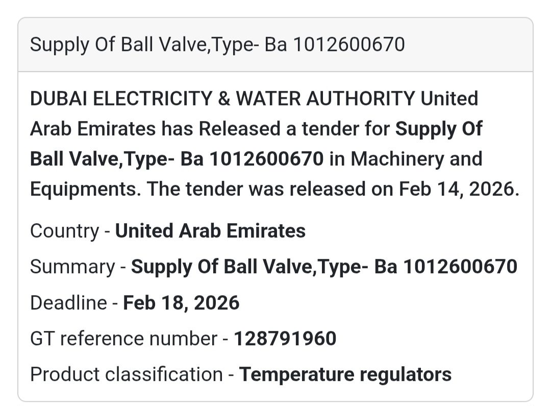 🔧 Supply of Ball Valve (Type BA) – UAE