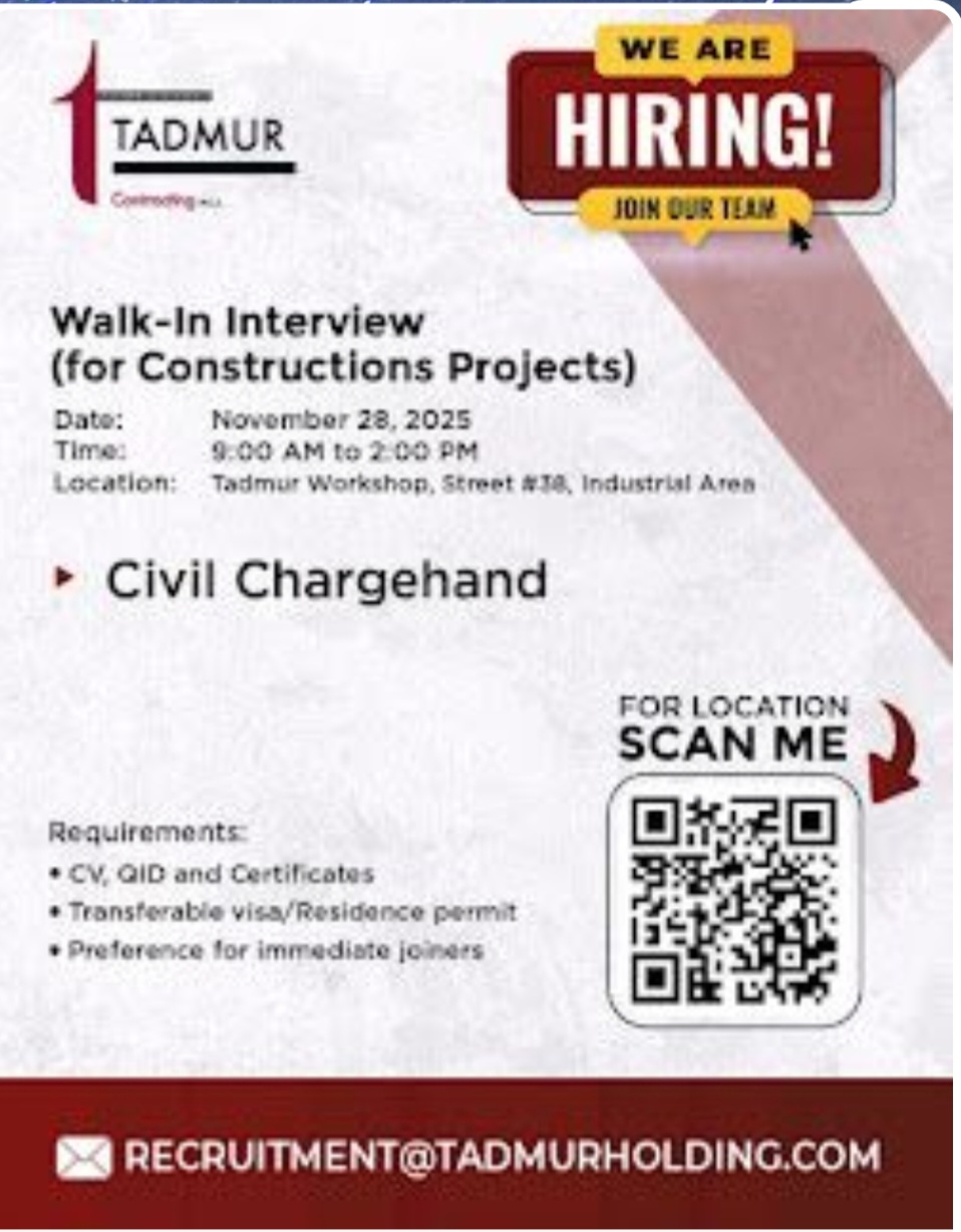 🏗️ Tadmur Contracting – Walk-In Interview for Civil Chargehand | November 28, 2025
