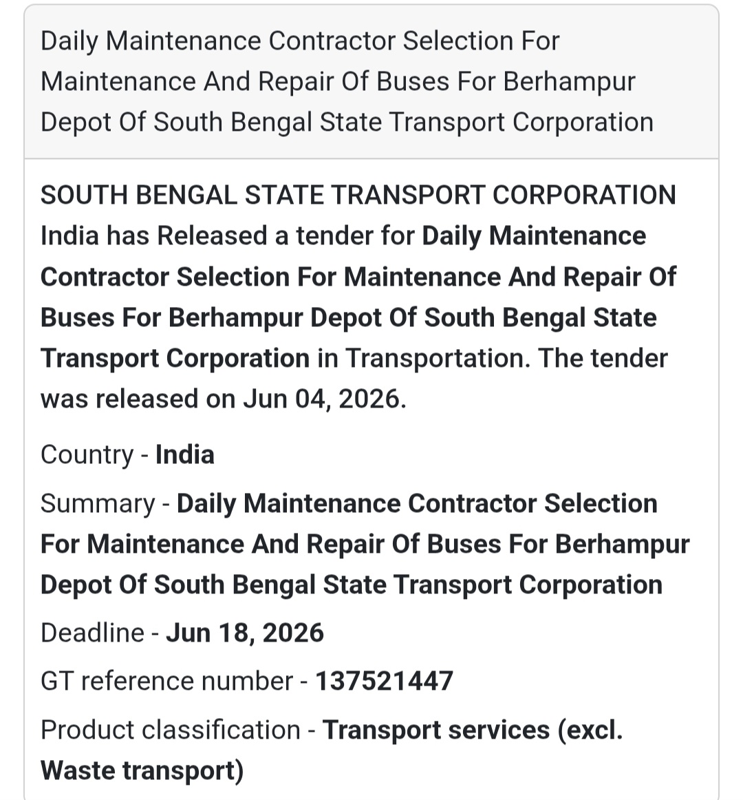 🚌 Tender Alert | Berhampur | Bus Maintenance & Repair Contract