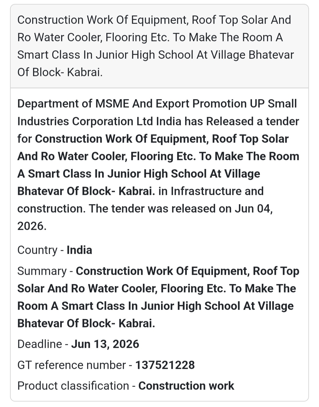 🏫 Tender Alert | Bhatevar, Kabrai | Smart Class Construction Work