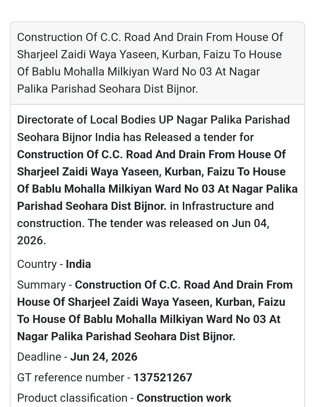 🛣️ Tender Alert | Bijnor | C.C. Road & Drain Construction (Ward 03)