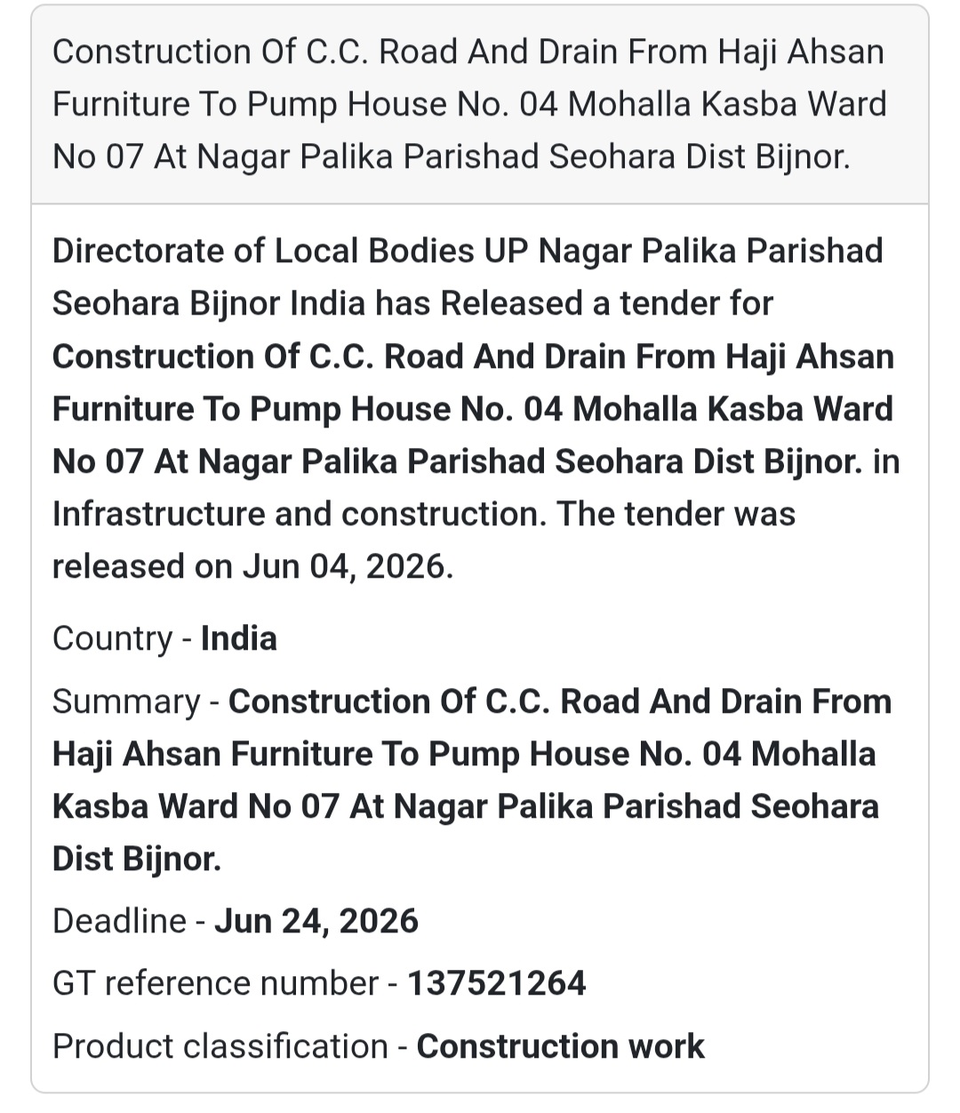 🛣️ Tender Alert | Bijnor | C.C. Road & Drain Construction