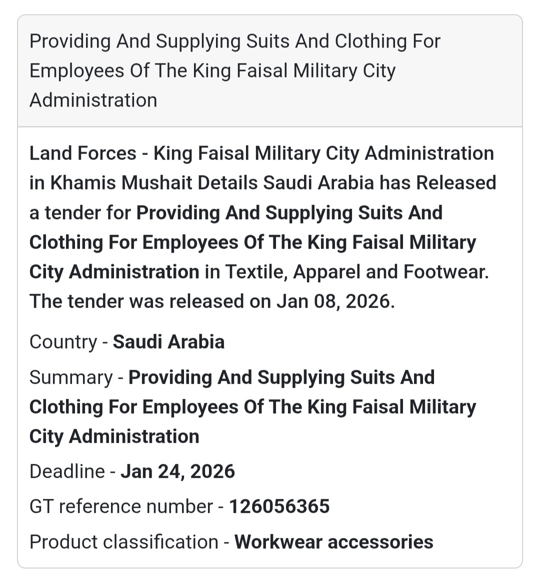 Tender Alert: Clothing Supply in Saudi Arabia 🇸🇦