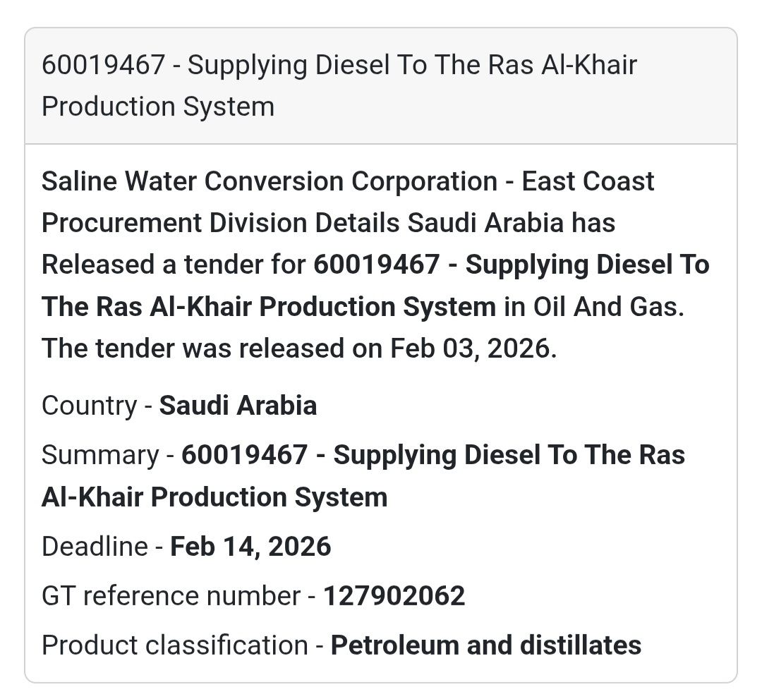 ⛽ Tender Alert: Diesel Supply in Saudi Arabia