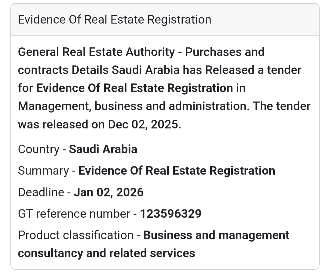 🏢 Tender Alert – Evidence of Real Estate Registration 🇸🇦