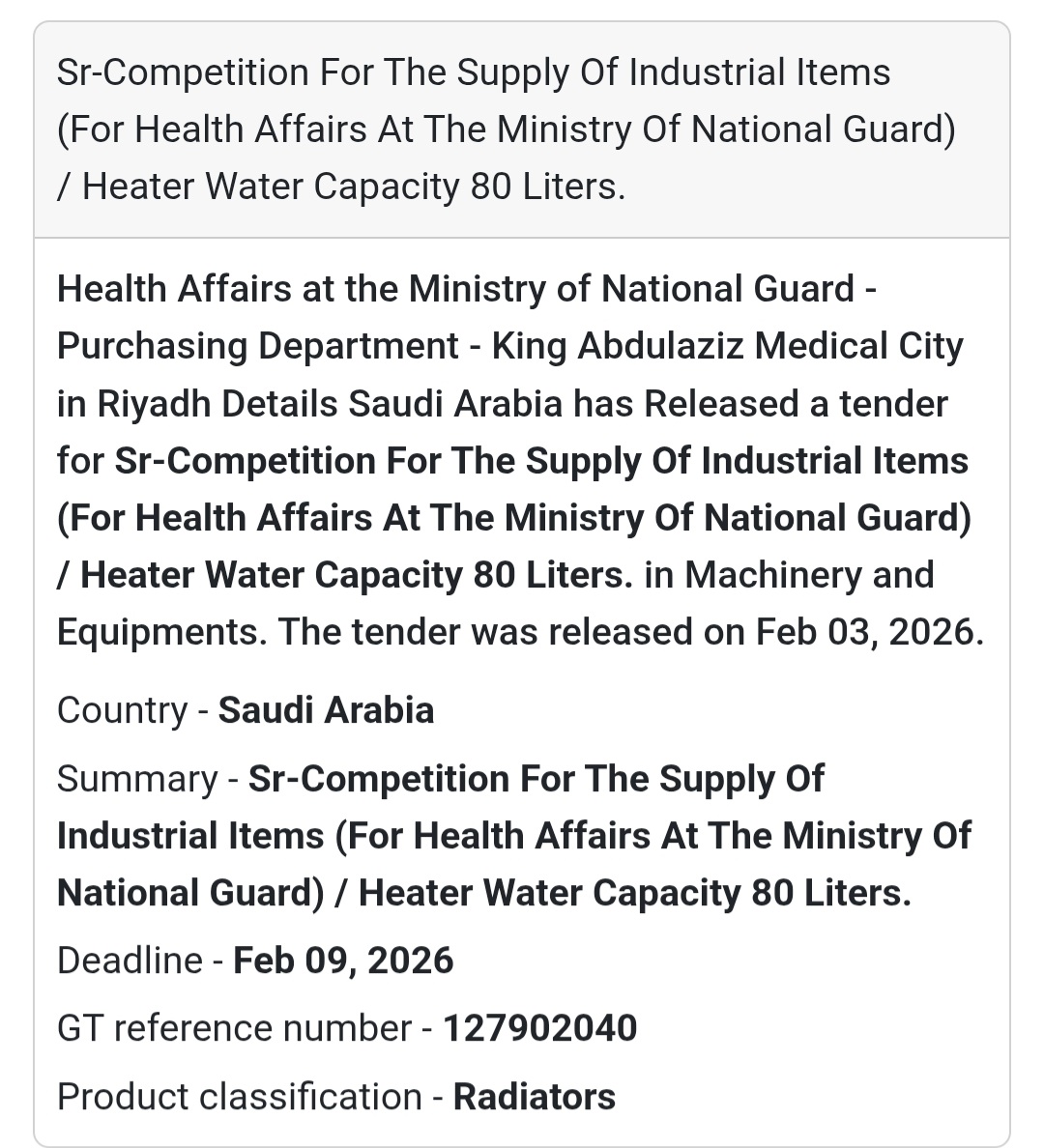 🇸🇦 Tender Alert: Industrial Items Supply