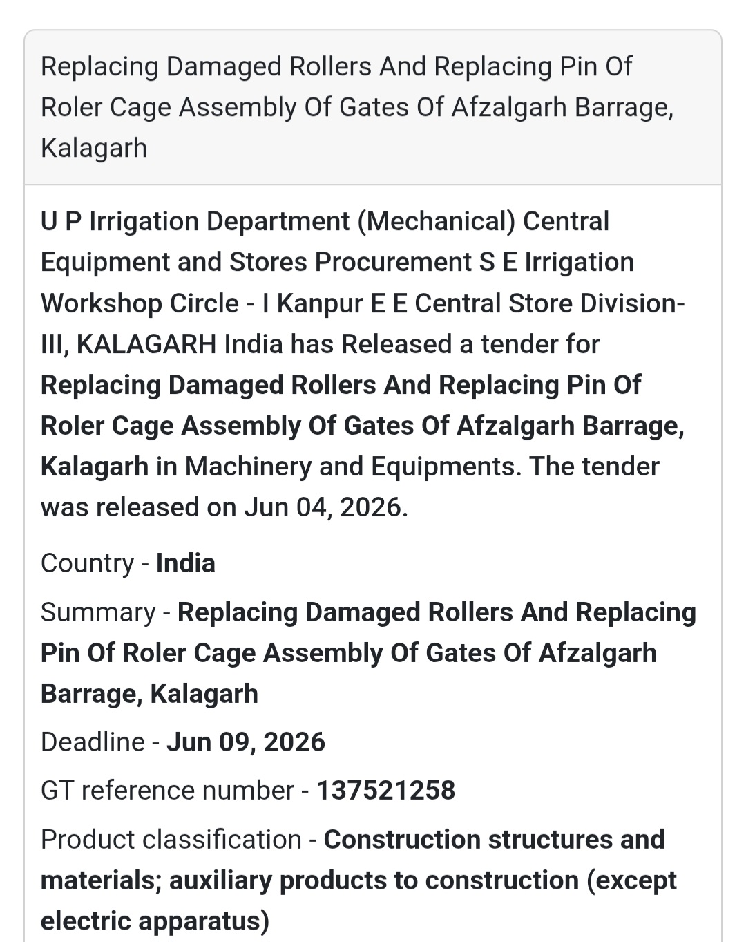 ⚙️ Tender Alert | Kalagarh | Barrage Gate Repair Work