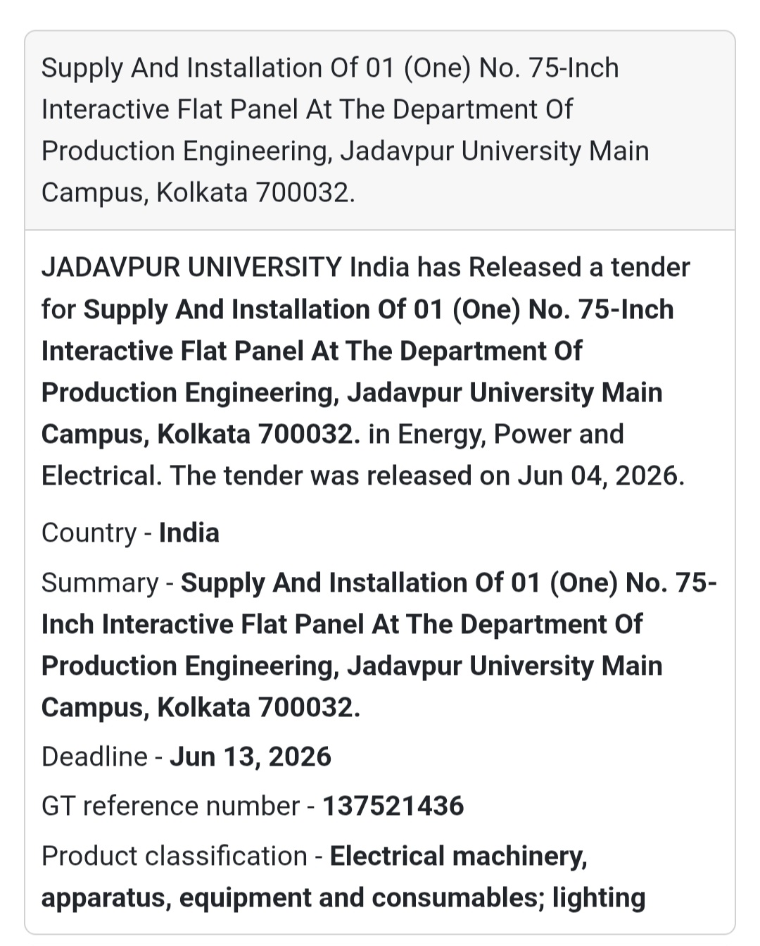 🖥️ Tender Alert | Kolkata | 75-Inch Interactive Flat Panel Supply & Installation