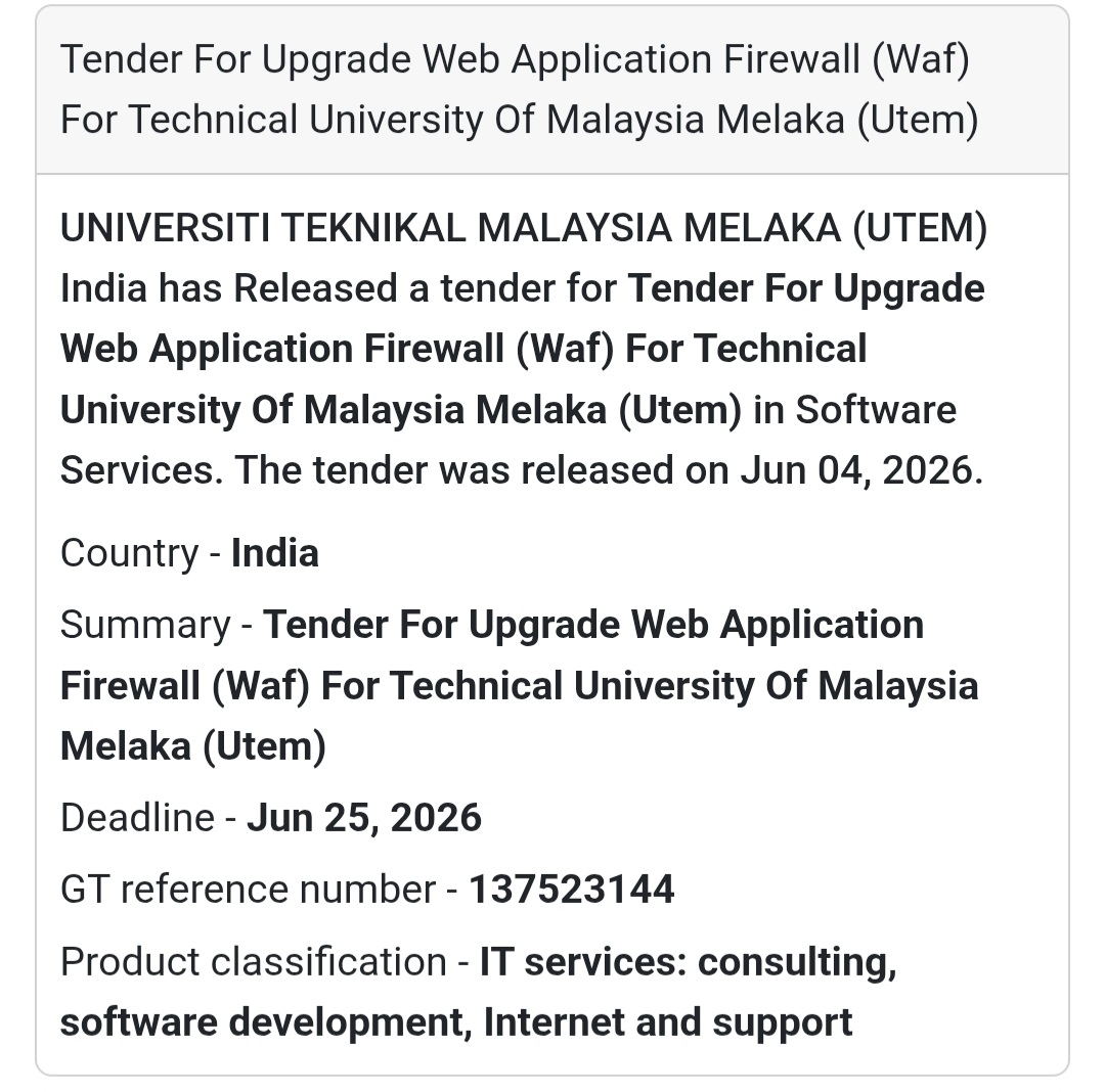 🔐 Tender Alert | Malaysia | Web Application Firewall (WAF) Upgrade
