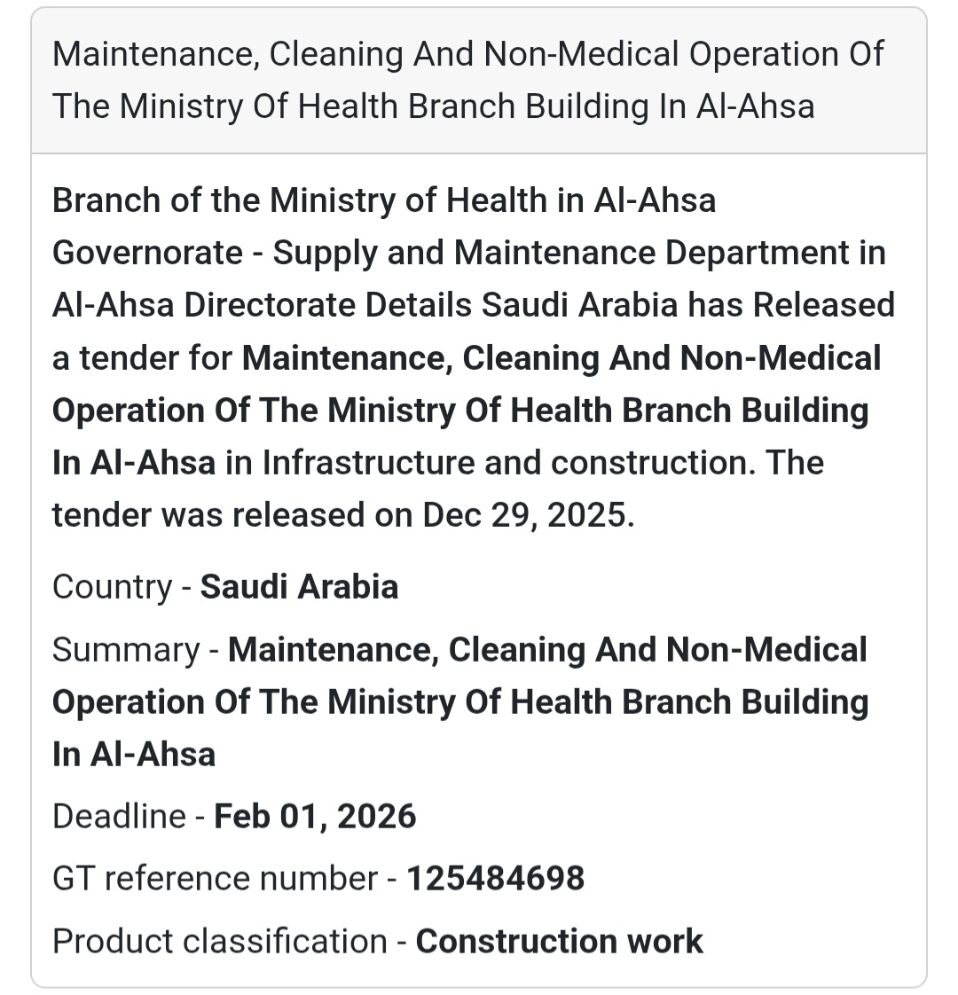 Tender Alert: Ministry of Health, Saudi Arabia