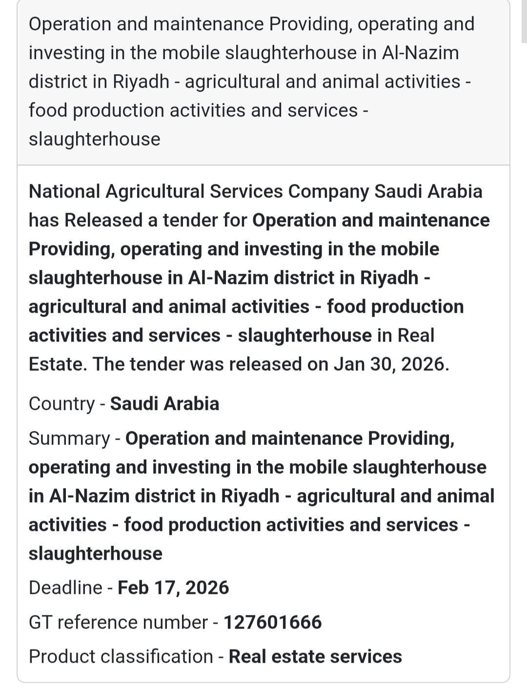 🇸🇦 Tender Alert: Mobile Slaughterhouse Opportunity! 🇸🇦
