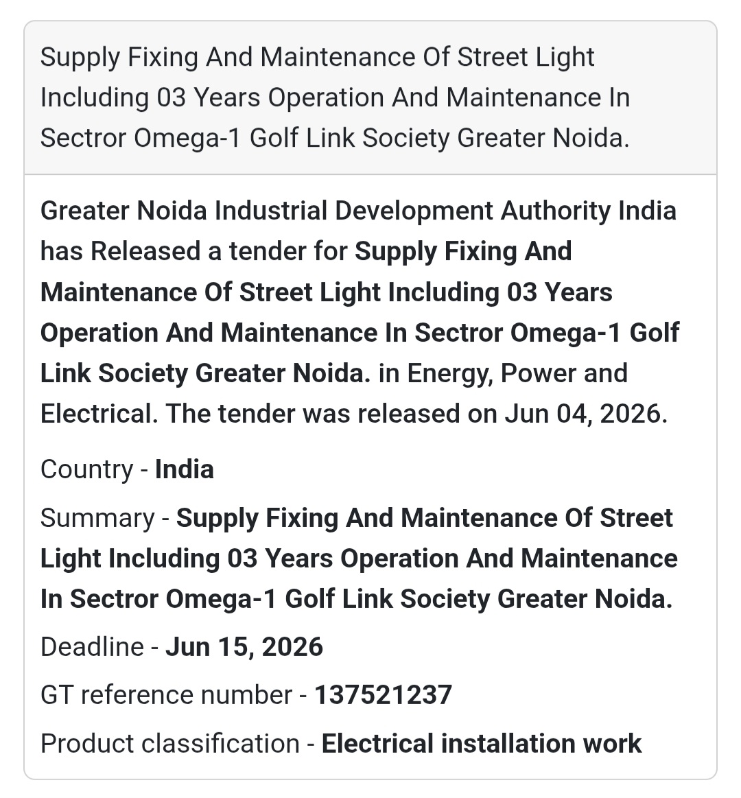 💡 Tender Alert | Omega-1, Greater Noida | Street Light O&M Work