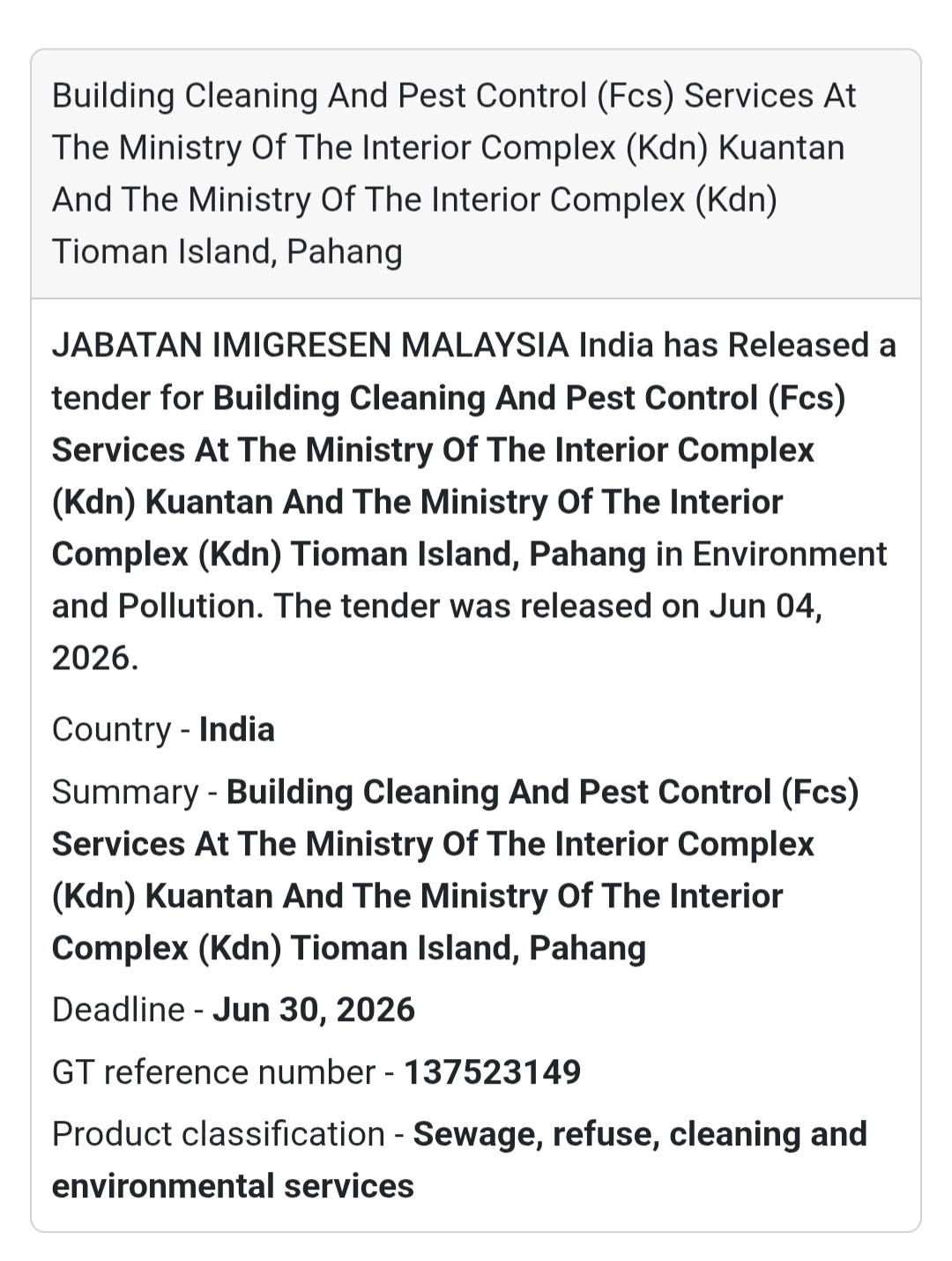 🧹 Tender Alert | Pahang | Cleaning & Pest Control Services