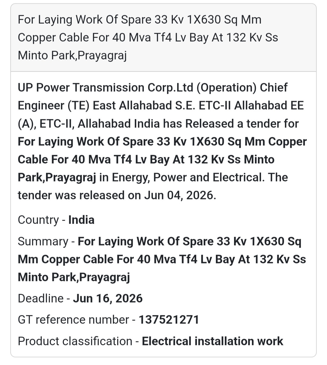 ⚡ Tender Alert | Prayagraj | 33 KV Copper Cable Laying Work