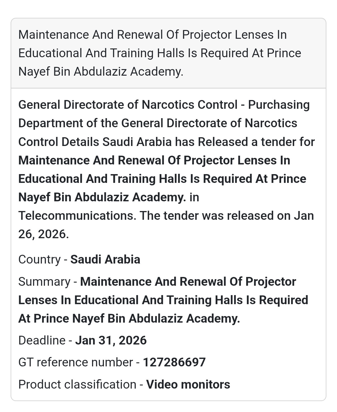 🇸🇦 Tender Alert: Projector Lens Maintenance