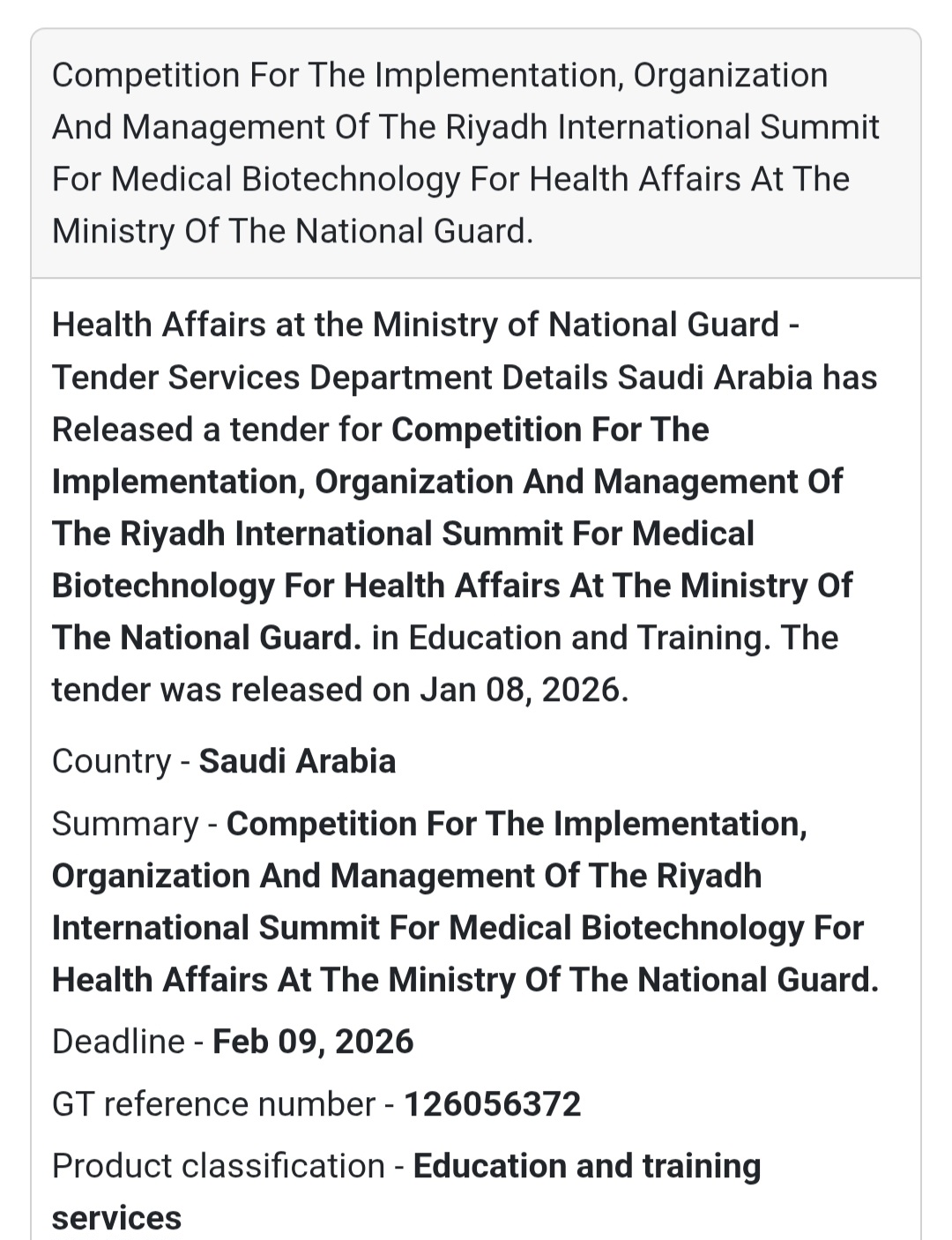 Tender Alert: Riyadh International Summit for Medical Biotechnology 🇸🇦