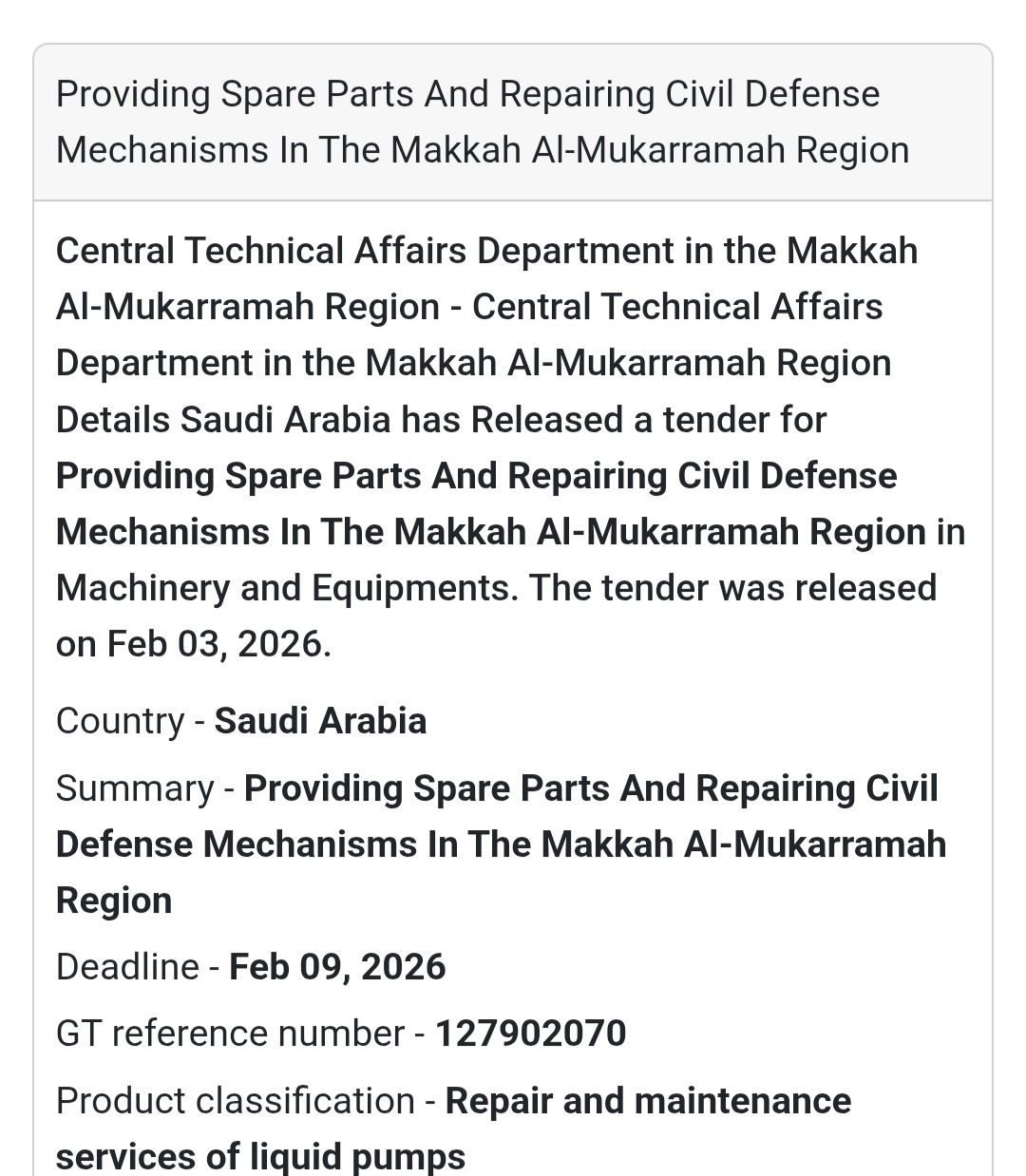 🇸🇦 Tender Alert: Saudi Arabia