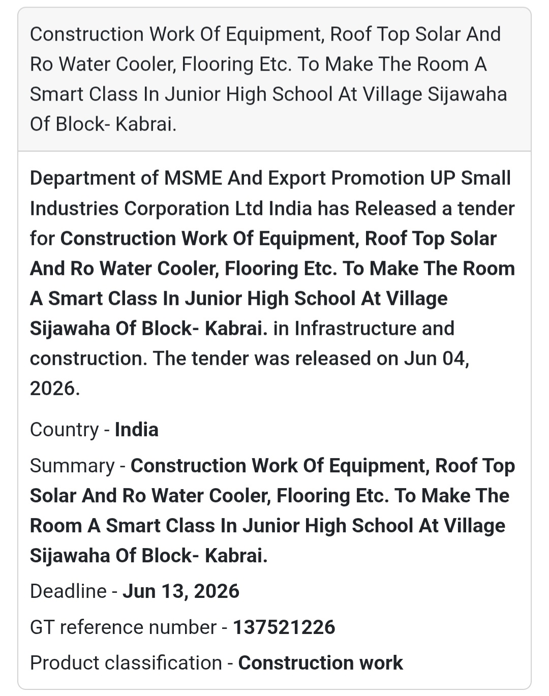 🏫 Tender Alert | Sijawaha, Kabrai | Smart Class Construction Work