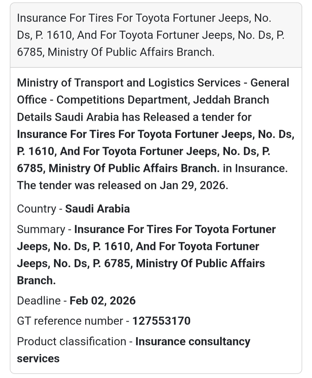 🇸🇦 Tender Alert: Tire Insurance 🚙