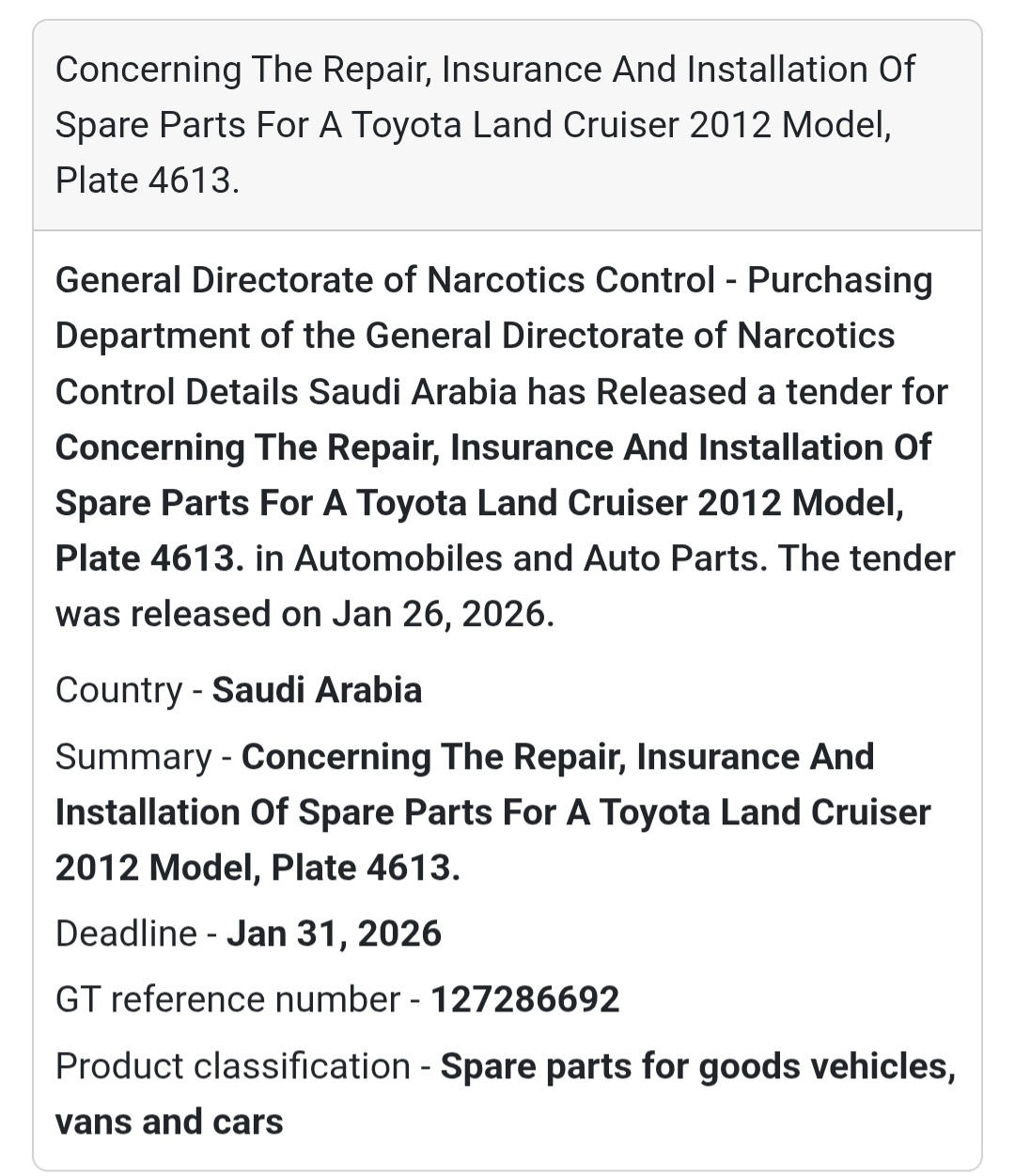 🇸🇦 Tender Alert: Toyota Land Cruiser Maintenance