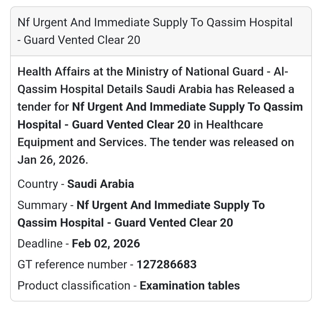 🏥 Tender Alert: Urgent Hospital Supply 🇸🇦  Details: