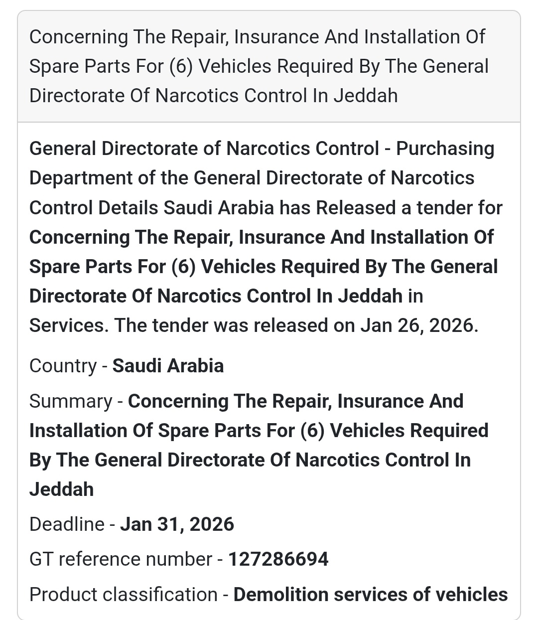 🇸🇦 Tender Alert: Vehicle Services in Jeddah