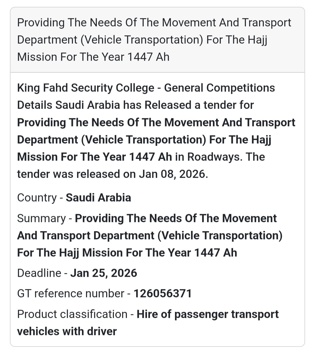 Tender Alert: Vehicle Transportation Services for Hajj Mission 1447 AH