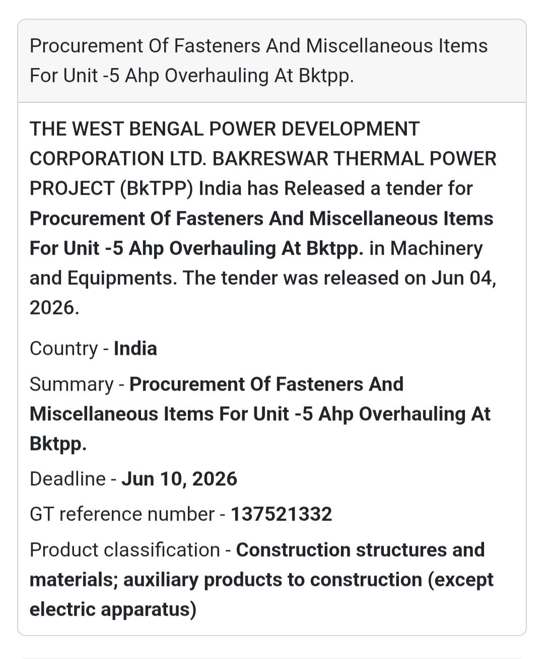 🔩 Tender Alert | West Bengal | Fasteners & Miscellaneous Items Procurement