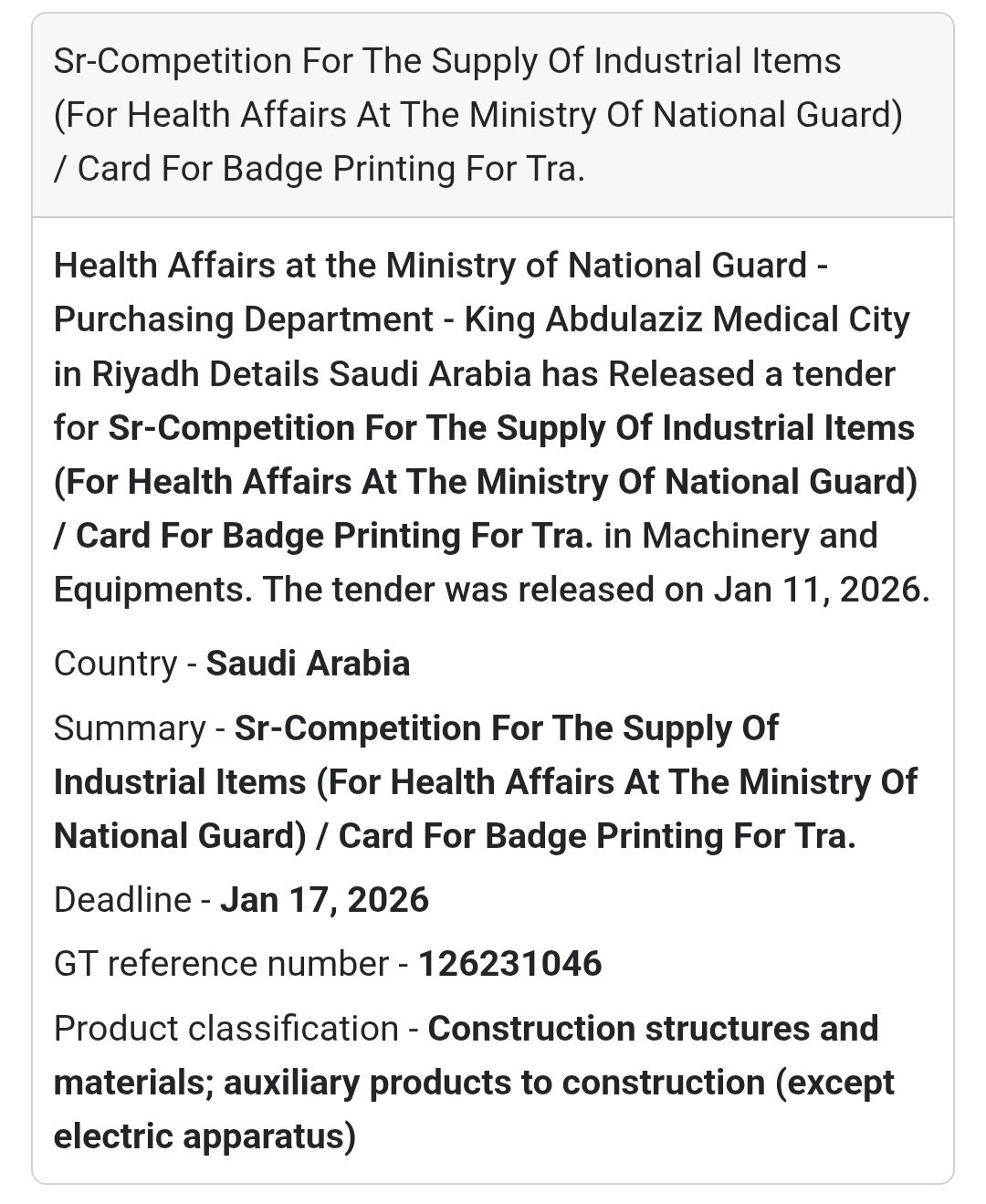 tender announcement by Health Affairs at the Ministry of National Guard (NGHA)