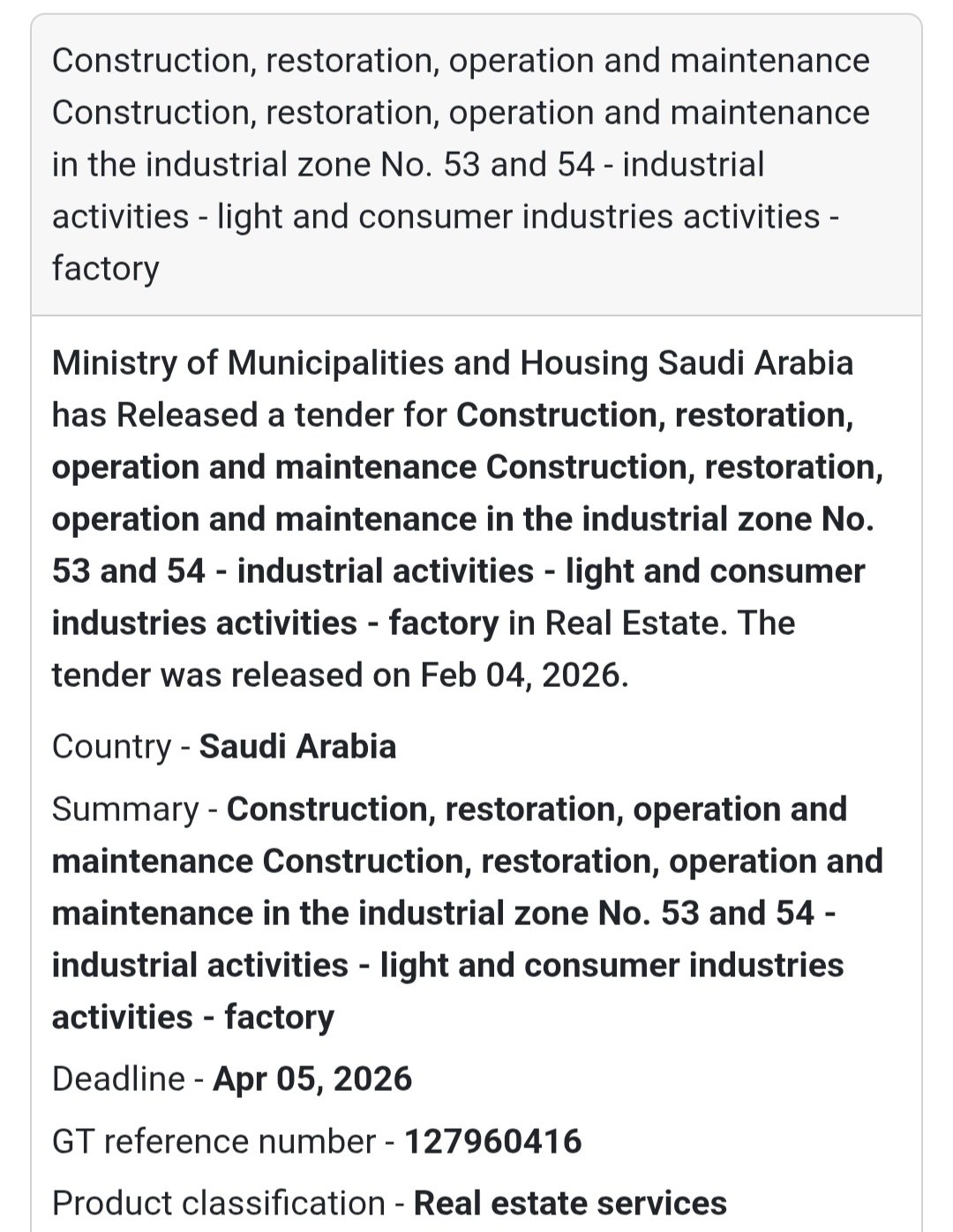 Tender Title: Construction, Restoration, Operation & Maintenance – Industrial Zones