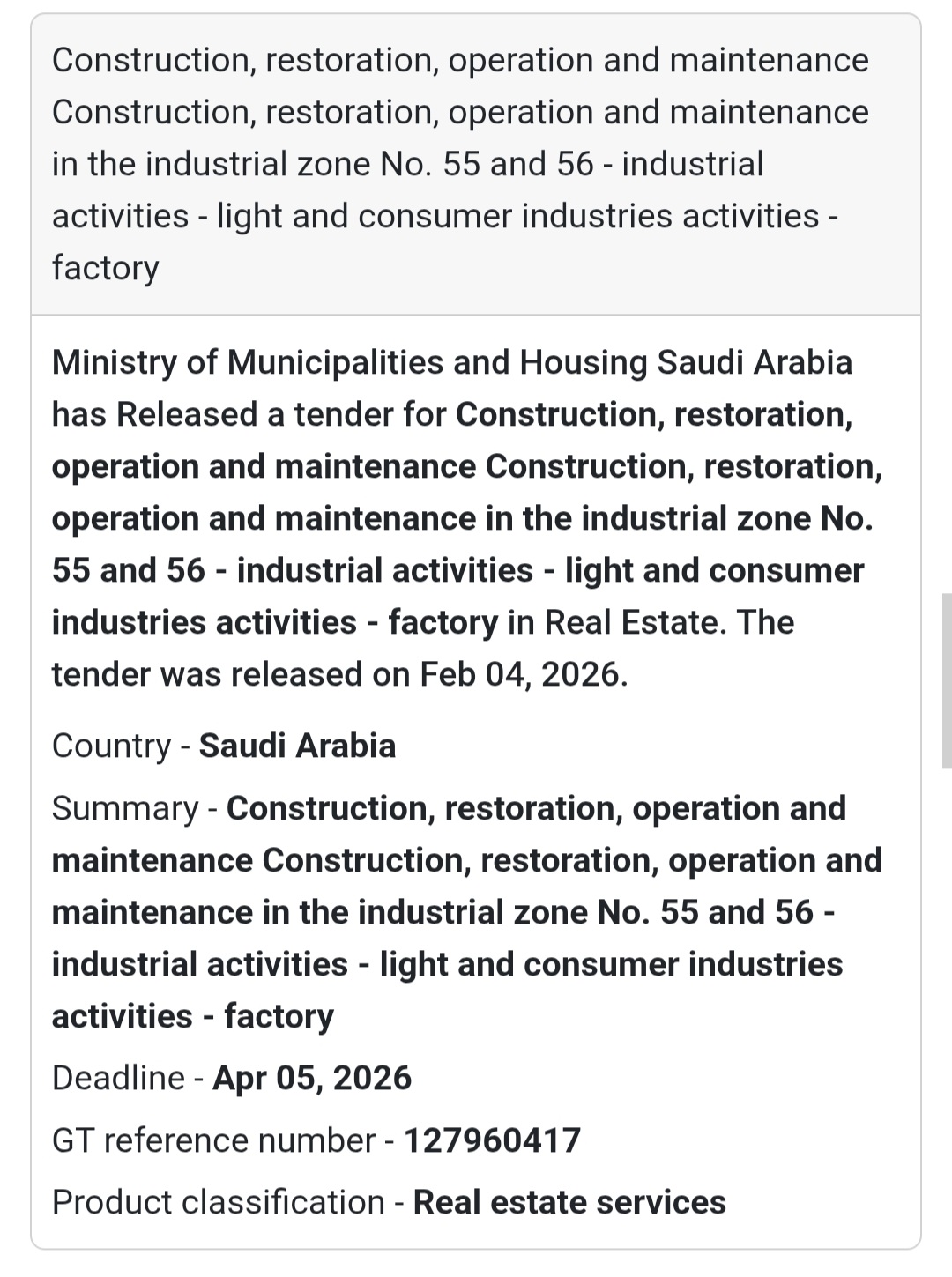 Tender Title: Construction, Restoration, Operation & Maintenance – Industrial Zones