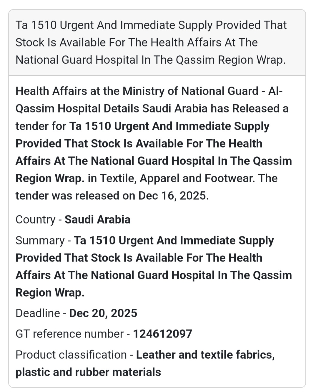 🔔 Textile Medical Supplies Tender | Saudi Arabia 🇸🇦