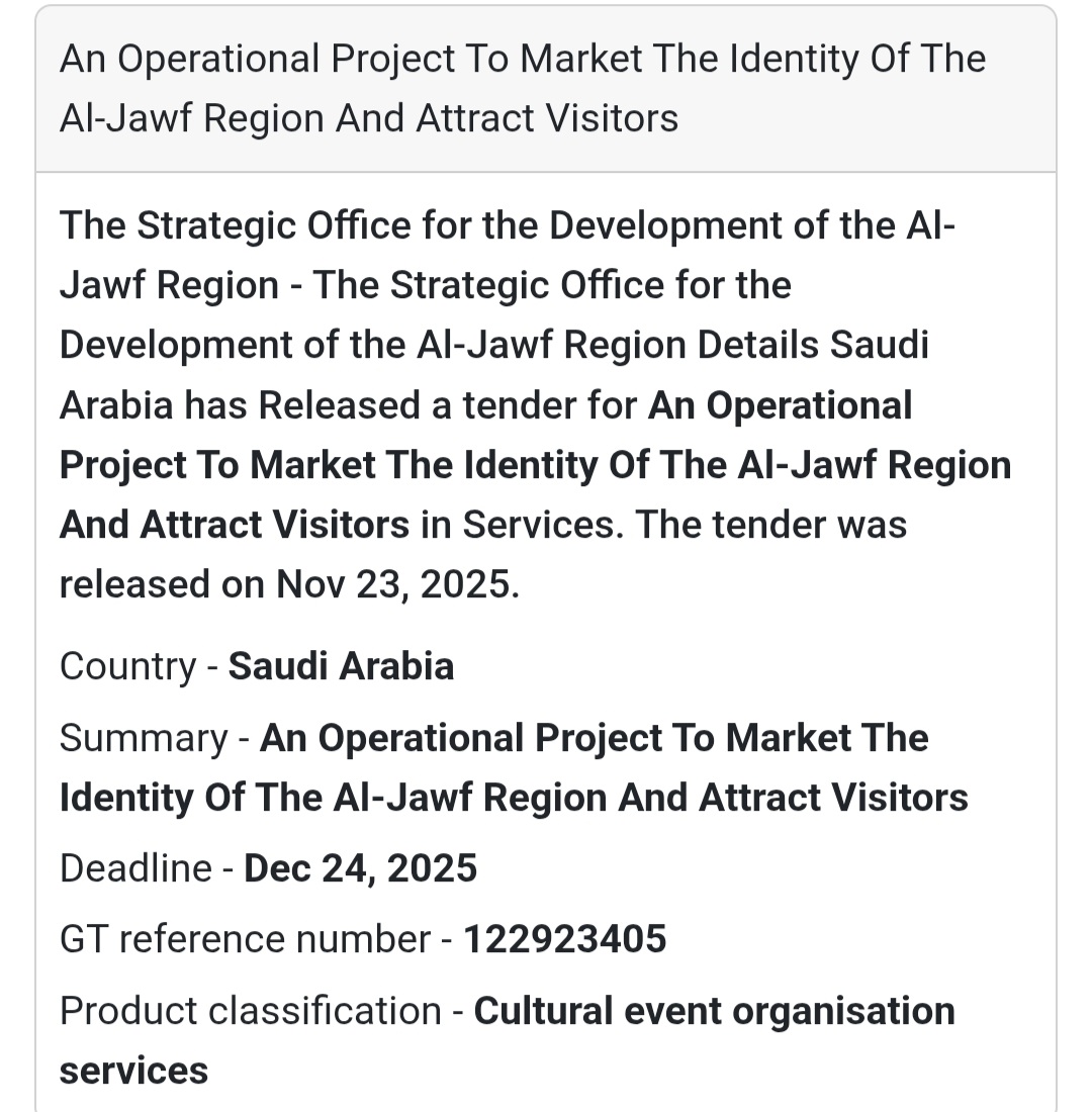 The Strategic Office for the Development of the Al-Jawf Region has released a major tender for: