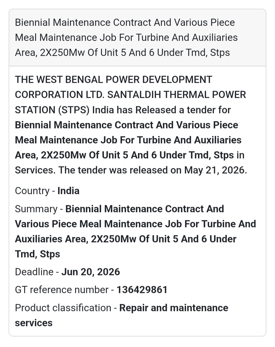🔧 Thermal Power Plant Maintenance Tender