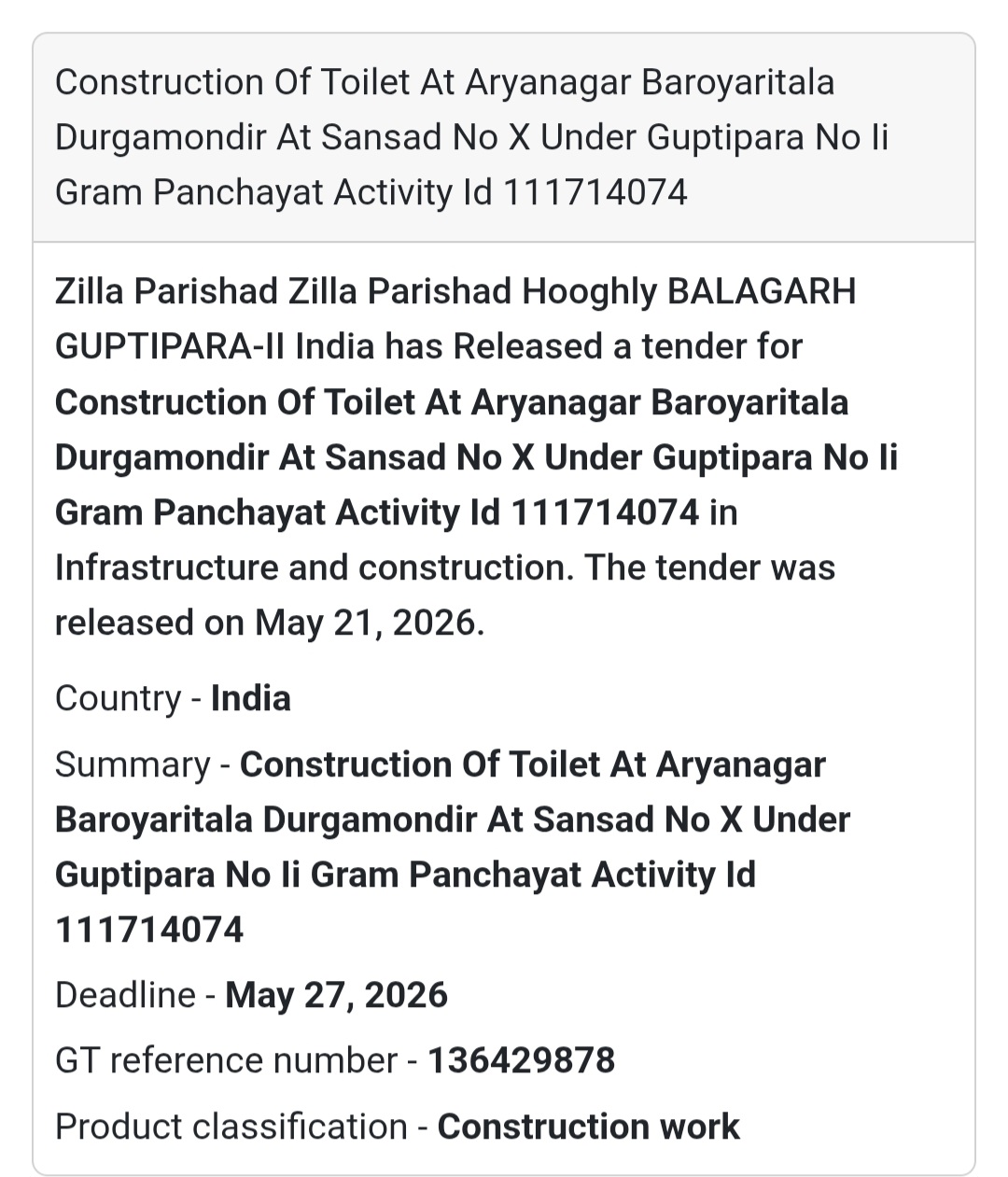 🚻 Toilet Construction Tender