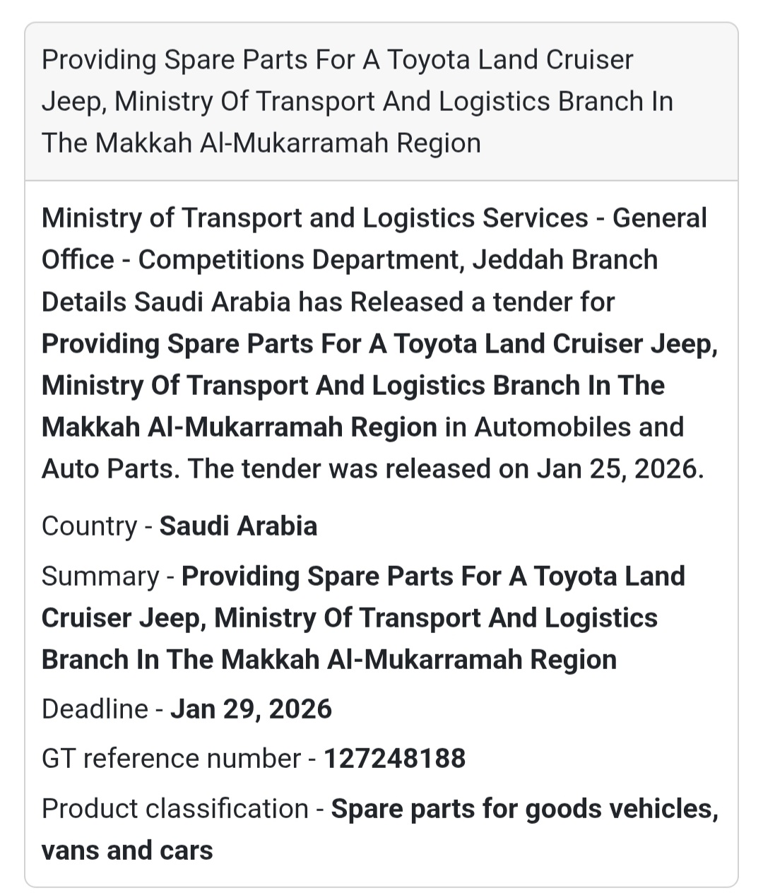 🚙 Toyota Land Cruiser Spare Parts – Ministry of Transport