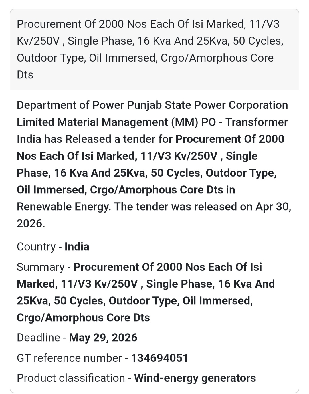 ⚡ Transformer Procurement Tender