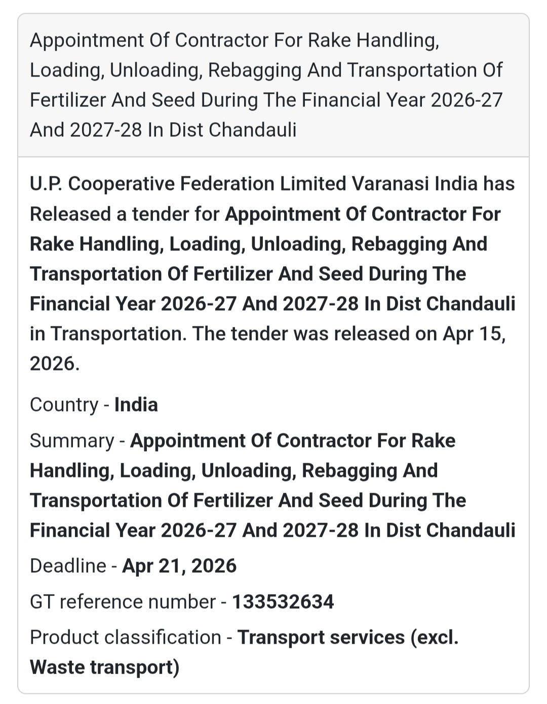 🚛 Transport & Handling Contract – Chandauli