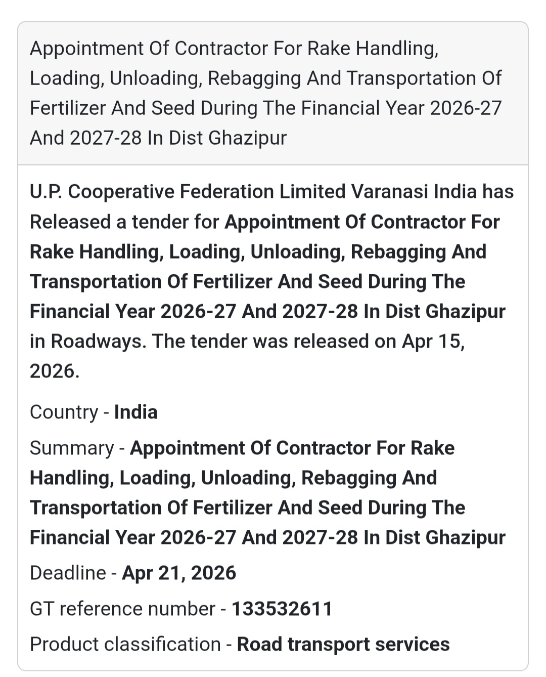 🚛 Transport & Handling Contract – Ghazipur